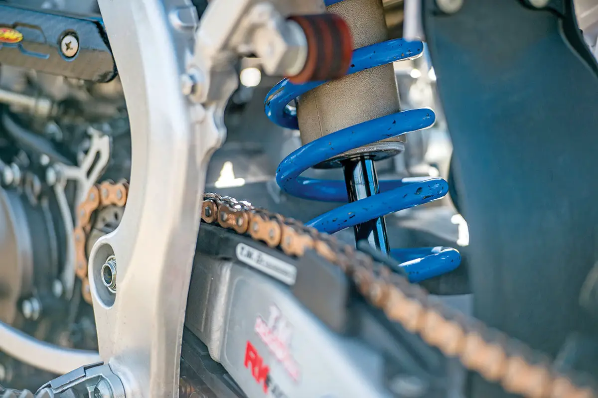 STI Racing beefed up the diameter of the shock shaft from 16mm to 18mm to add rigidity for Supercross obstacles.