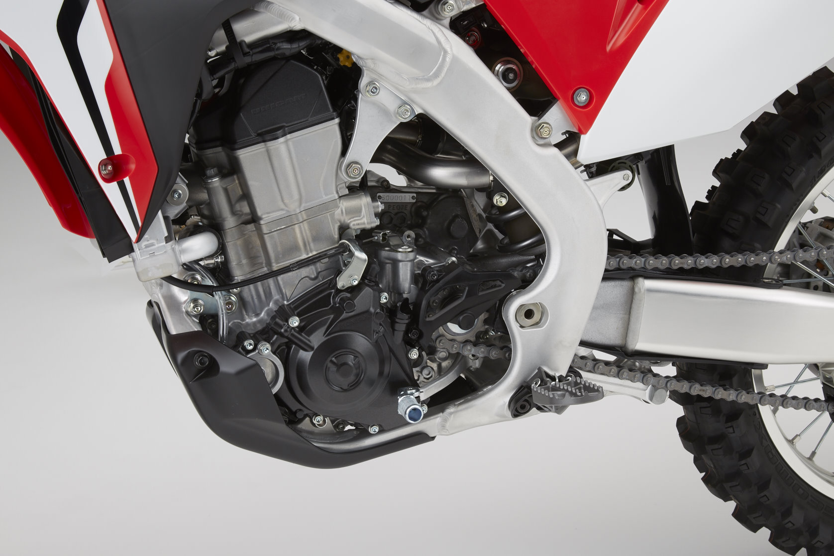 17 Honda  CRF450R engine  left Motocross Action Magazine