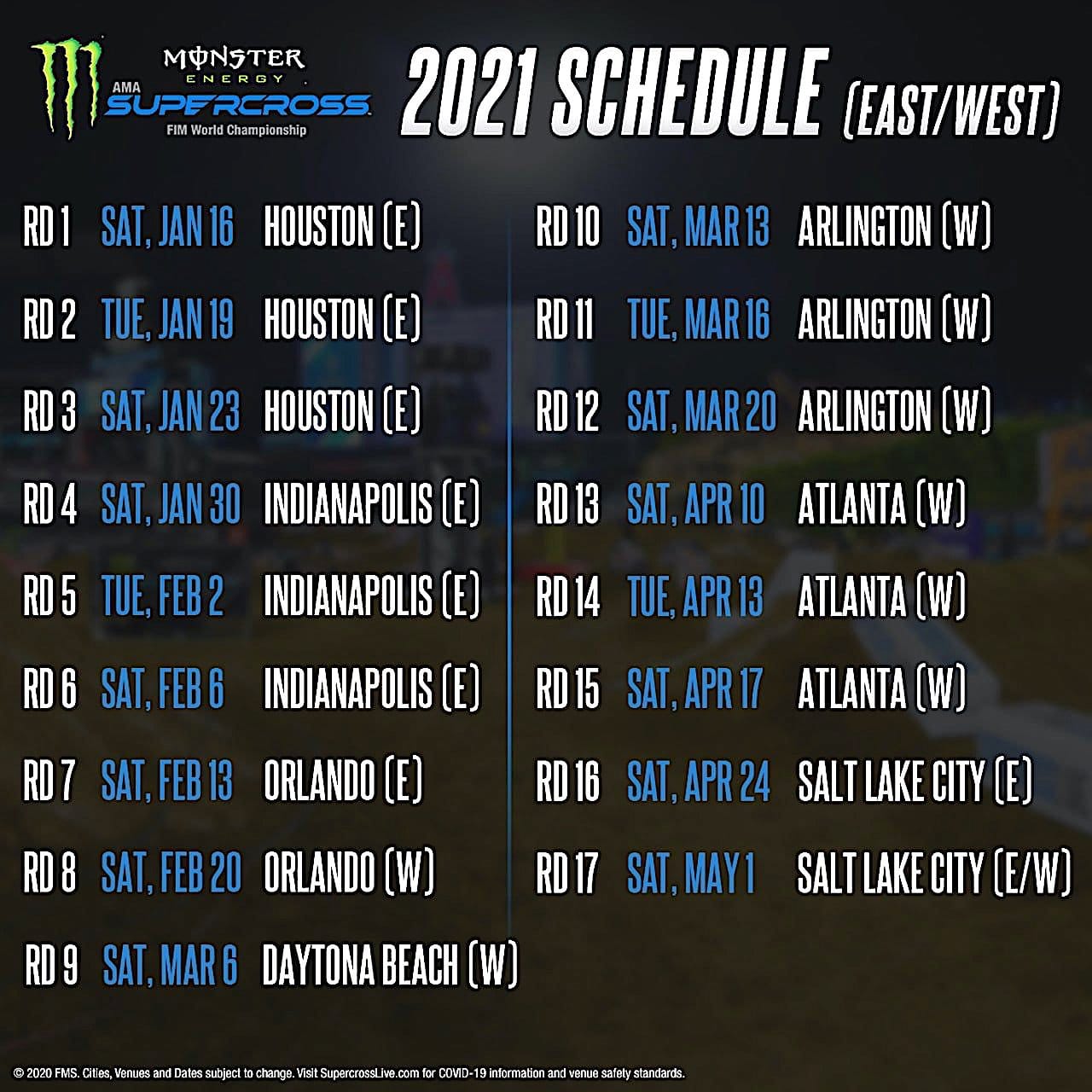 Monster Energy Supercross Schedule 2022 2021 Monster Energy Supercross Race Schedule *Updated* - Motocross Action  Magazine