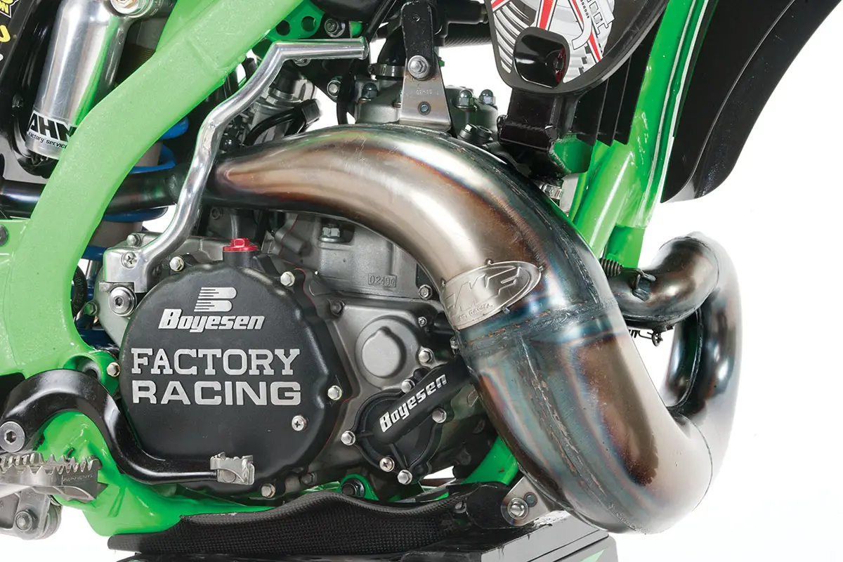 The 2006 KX250 engine was rebuilt stock with a Wrench Rabbit complete engine kit. In stock trim, the engine is a handful. 
